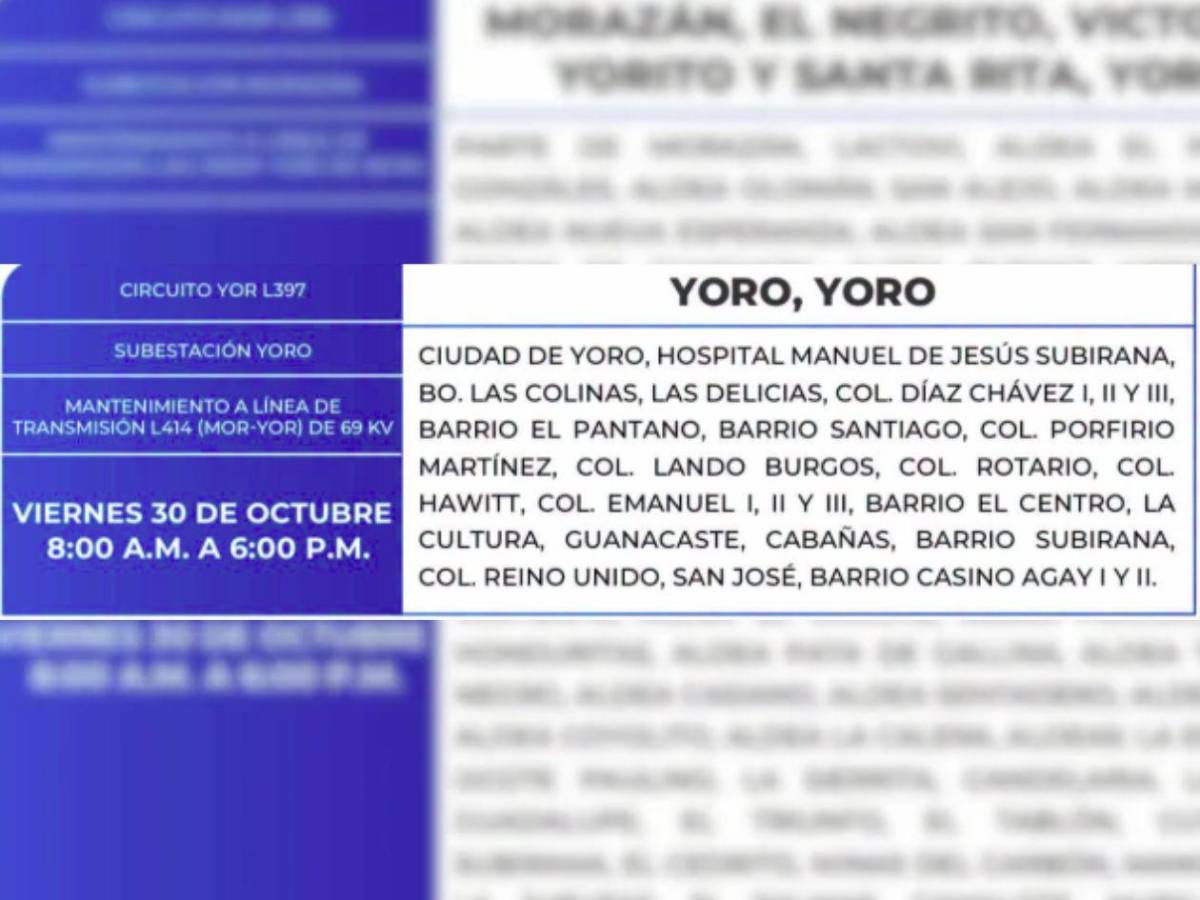 Diez horas sin luz estarán estas zonas de Honduras este viernes 30 de octubre