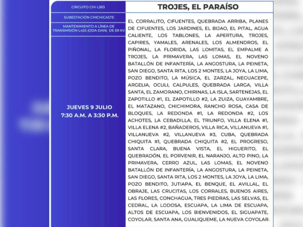 Ocho horas sin luz estarán estas zonas en Honduras este jueves 9 de julio