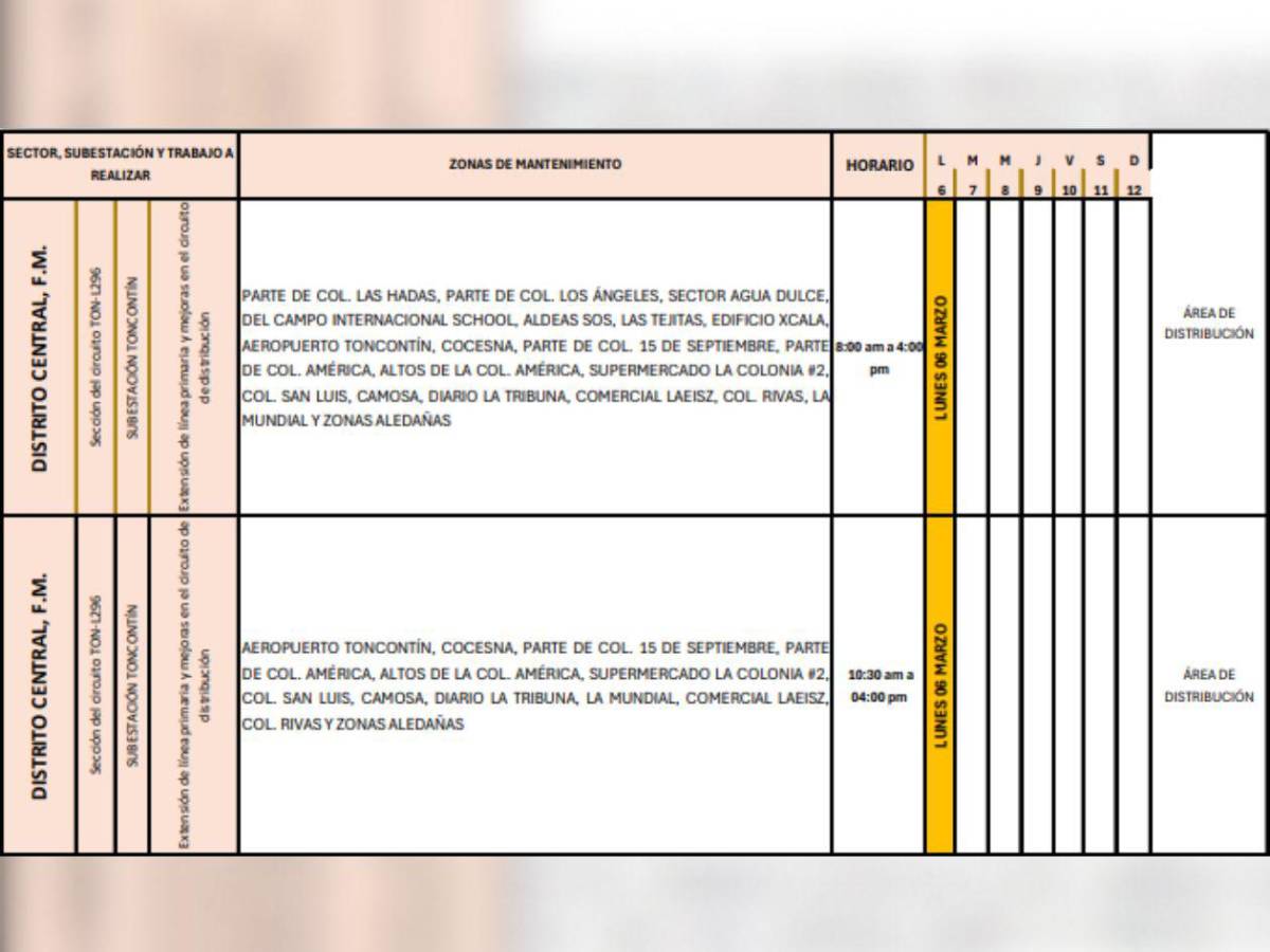 Estas zonas de Honduras no tendrán luz por ocho horas este lunes 6 de abril