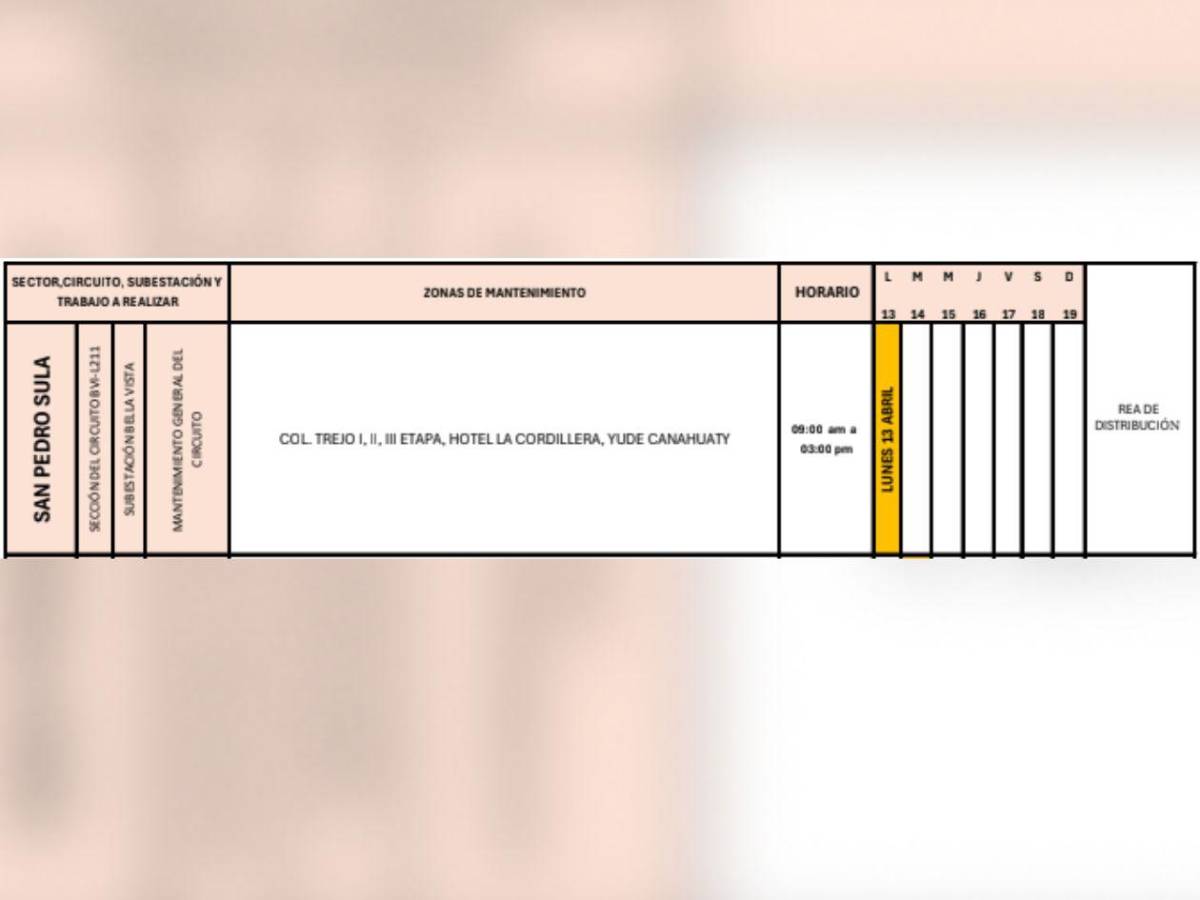 Solo esta zona de Honduras no tendrá luz por siete horas este lunes 13 de abril