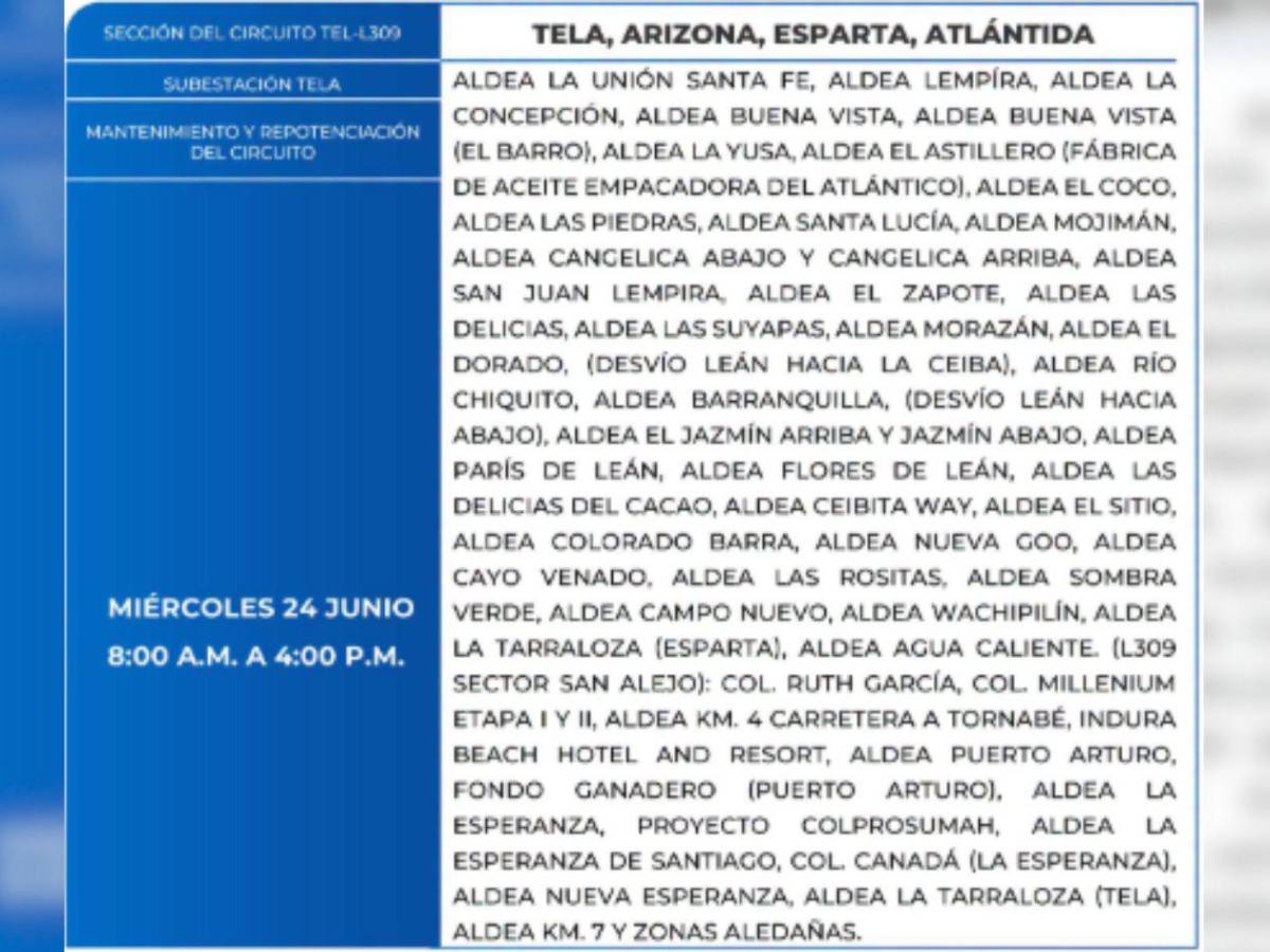 Estas zonas de Honduras no tendrán energía eléctrica este miércoles 24 de junio