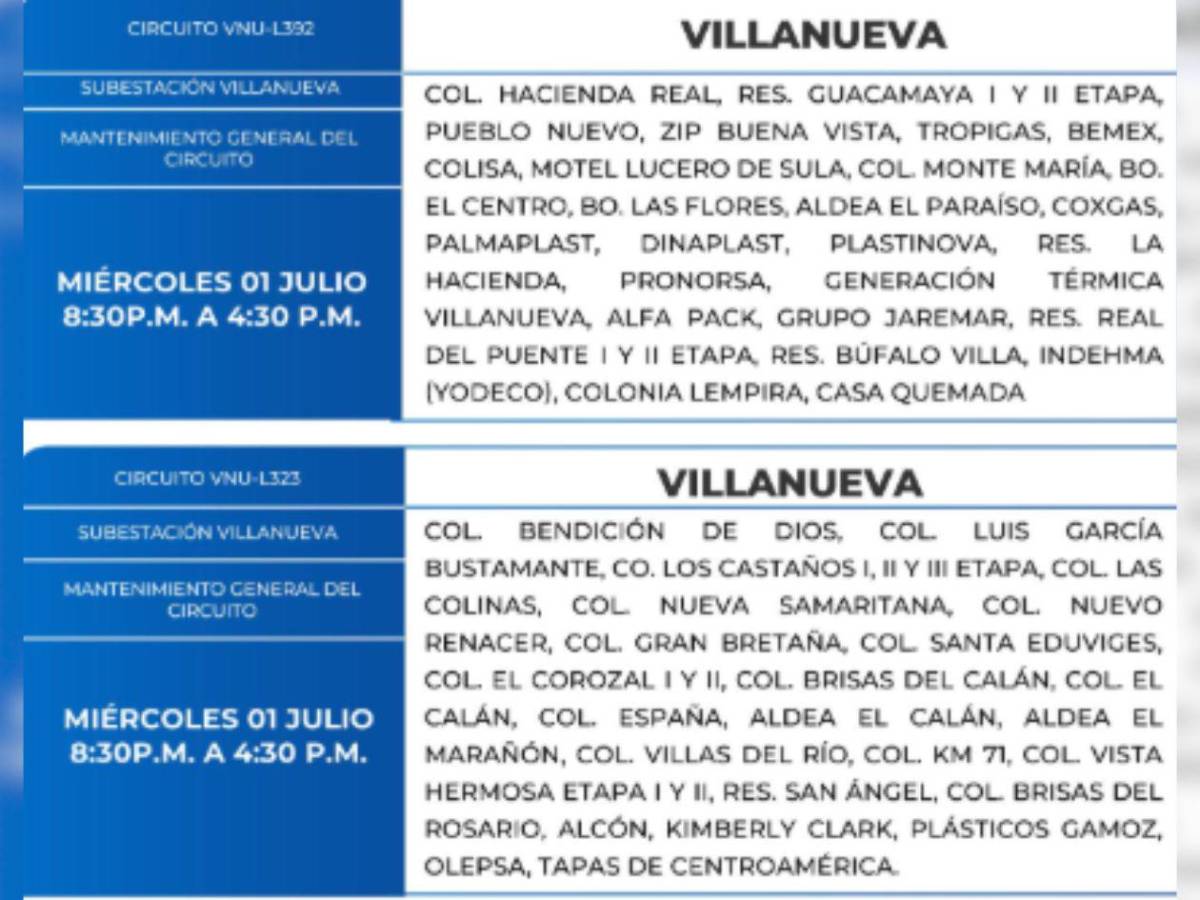 Estas zonas de Honduras no tendrán energía este miércoles 1 de julio