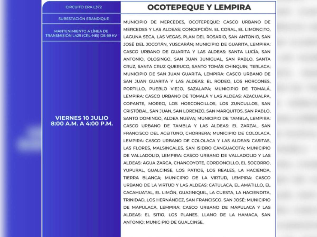 Amplios cortes de luz en estas zonas de Honduras este viernes 10 de julio