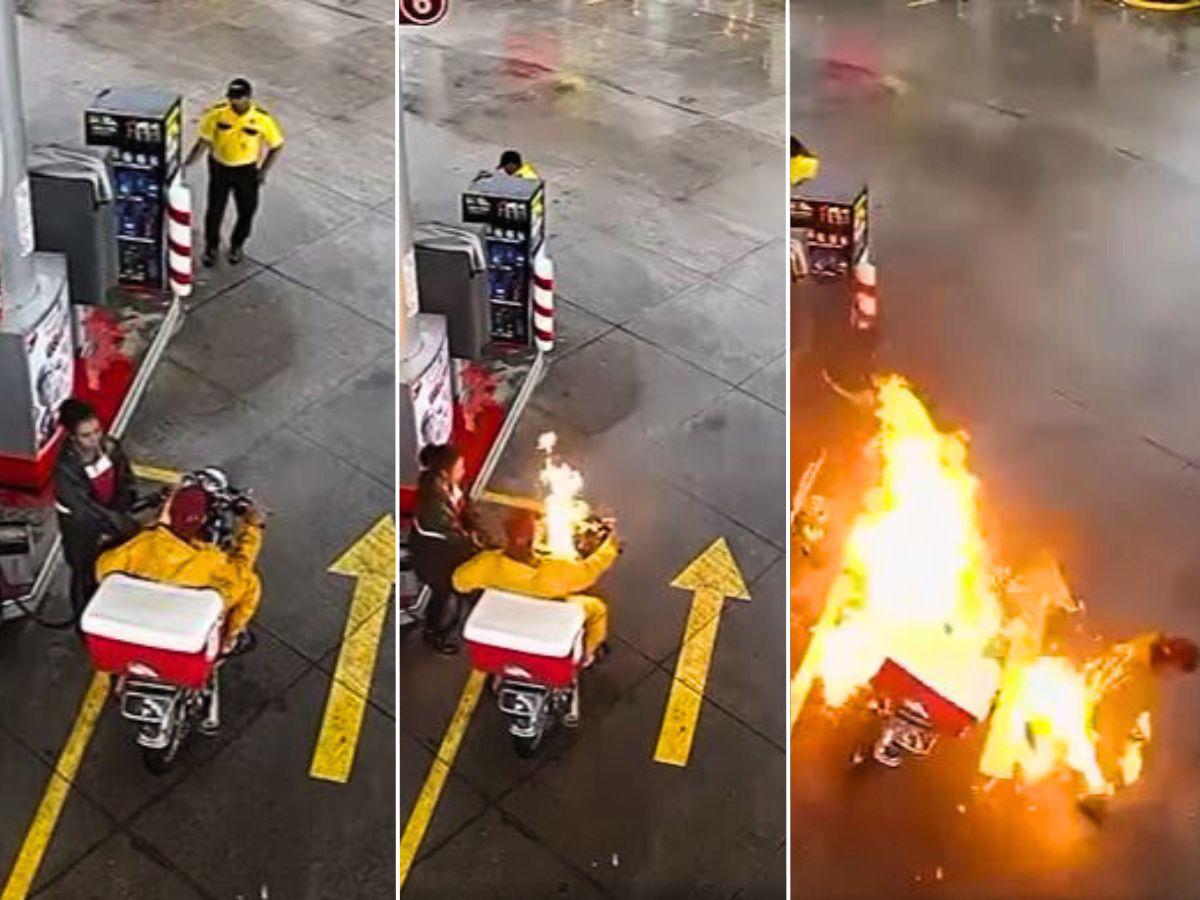 Video: moto se incendia cuando cargaba combustible en Nacaome
