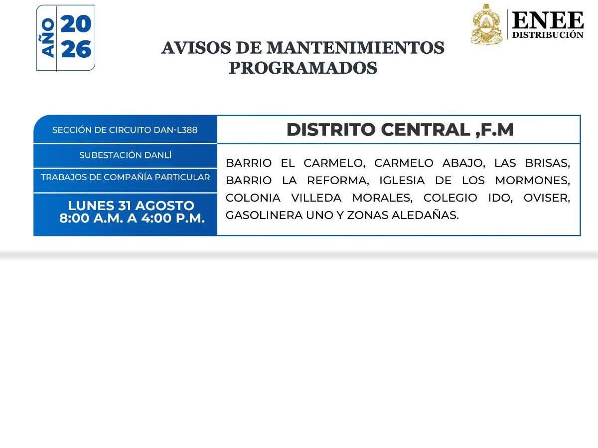 Cortes de energía este lunes 31 de agosto en Choloma y Tegucigalpa