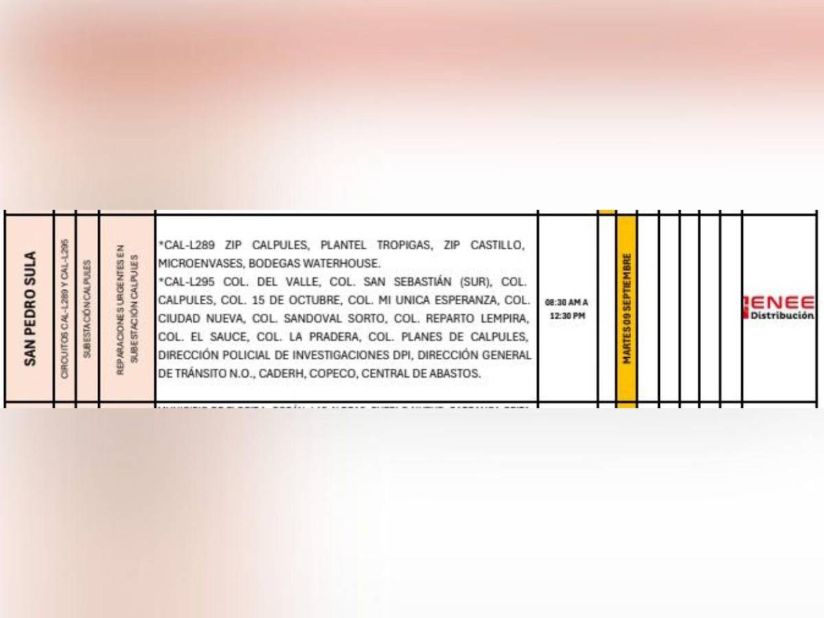 Apagones programados este martes 9 de septiembre en Honduras