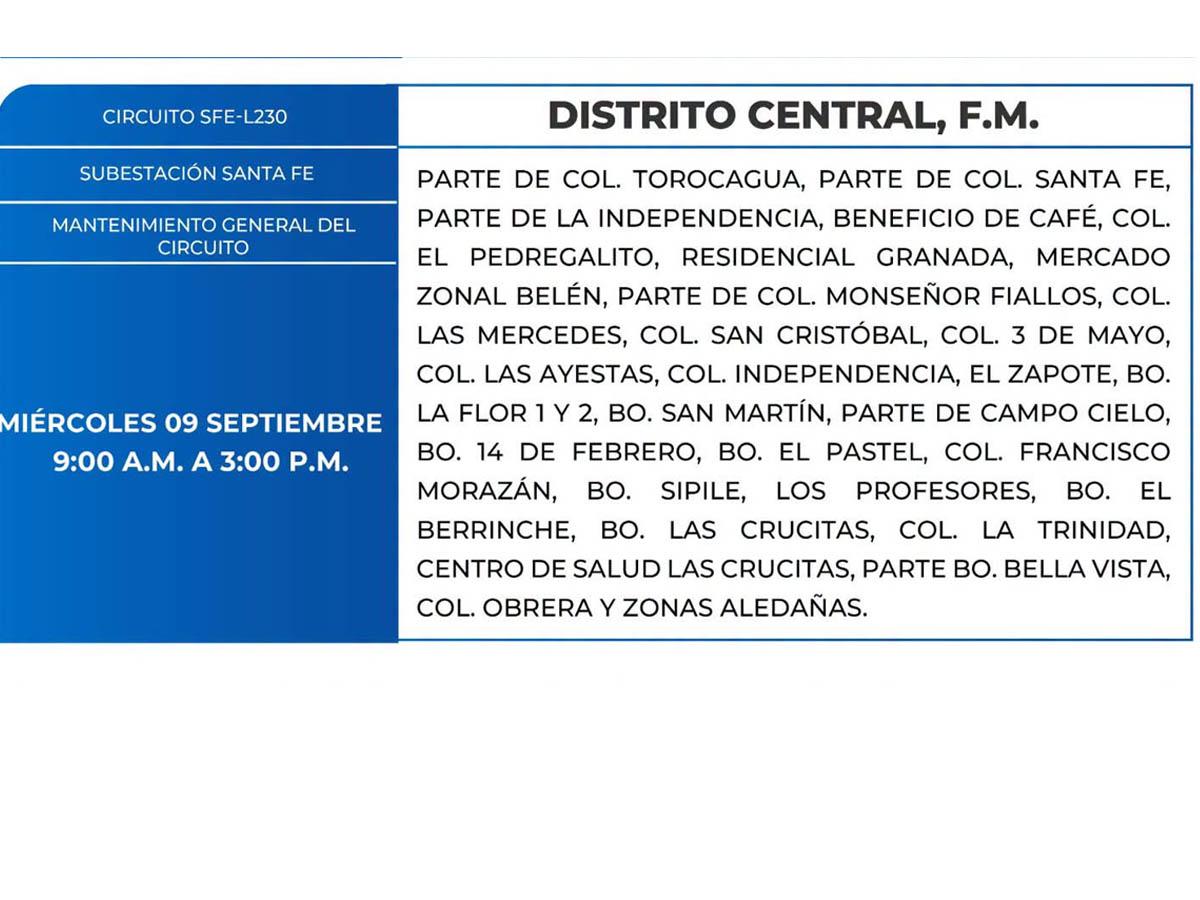Cortes de energía de este miércoles 9 de septiembre en varias zonas de Honduras