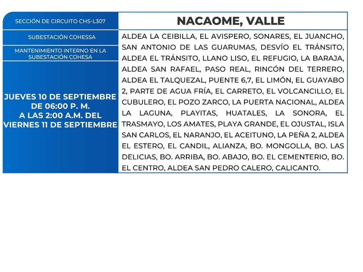 Cortes de energía este jueves 10 de septiembre en Tegucigalpa, Choloma, Tela y Valle
