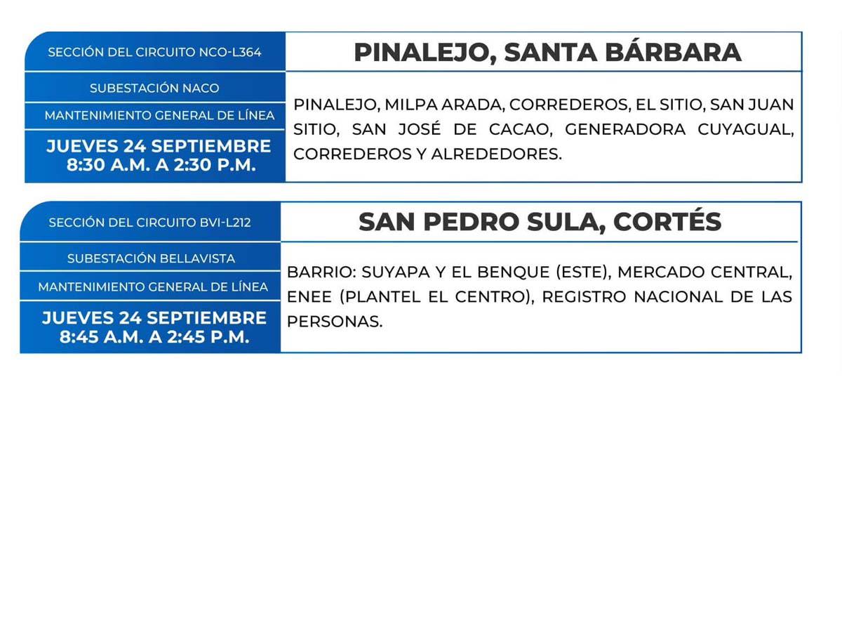 Cortes de energía de este jueves 24 de septiembre en San Pedro Sula, Yoro y Tegucigalpa