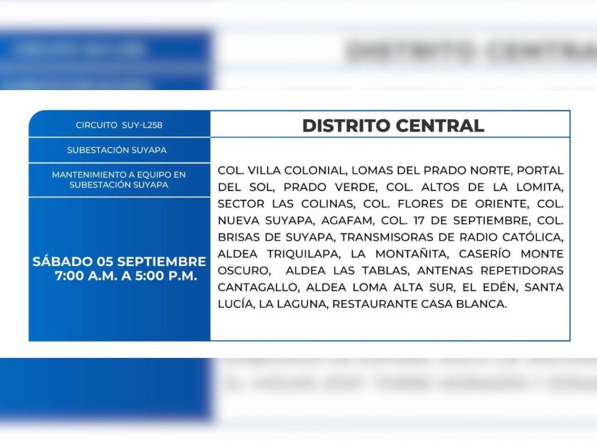 Zonas de Honduras que no tendrán energía eléctrica este sábado 5 de septiembre