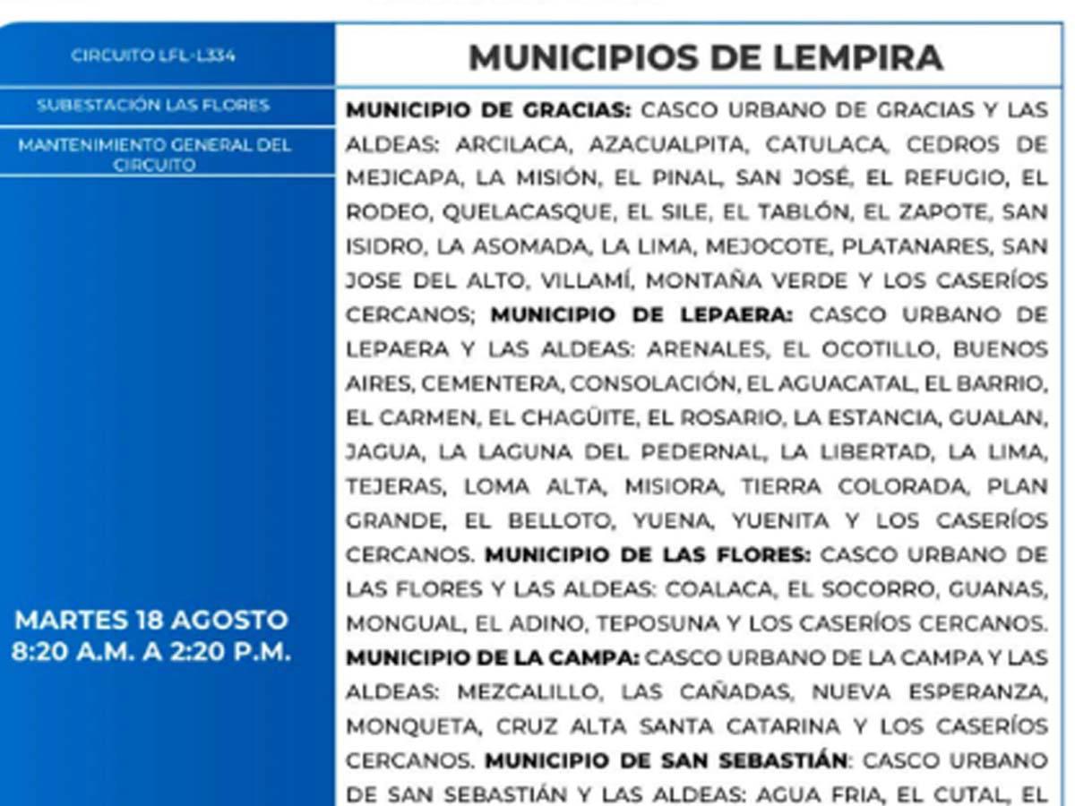 Cortes de energía este martes 18 de agosto: El Paraíso, Lempira, Santa Bárbara, Cortés e Intibucá