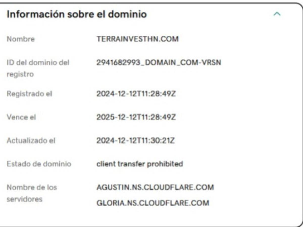 Captura de pantalla al dominio del sitio web fraudulento.