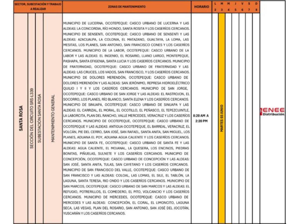 Cortes de luz programados por la Enee este martes 3 de junio en Honduras