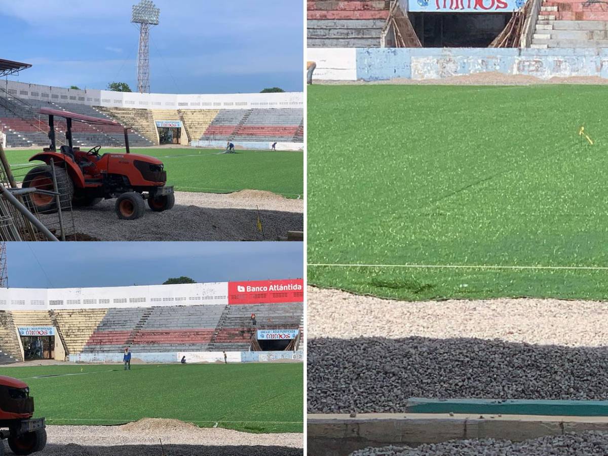 Así van los trabajos del estadio Ceibeño: ya se colocó la carpeta híbrida