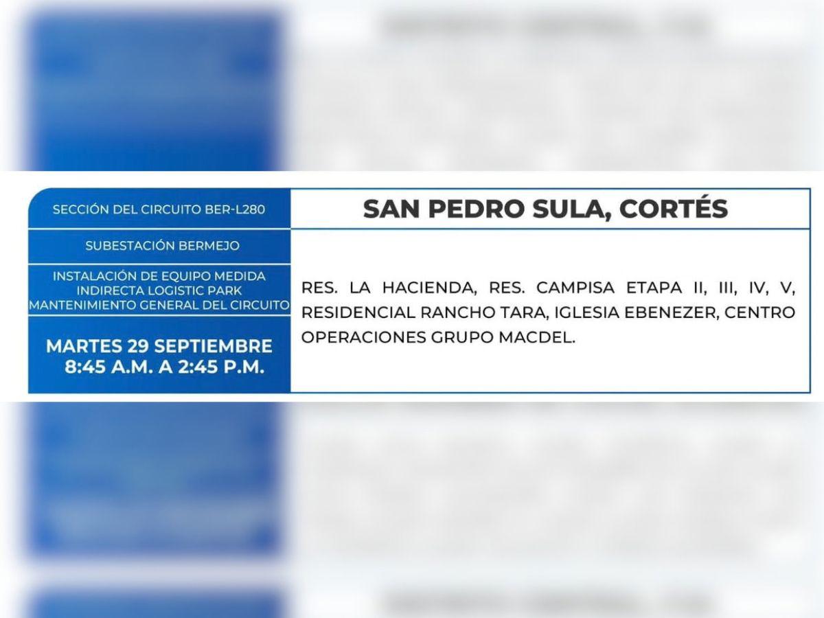 Lugares de Honduras sin energía este martes 29 de septiembre