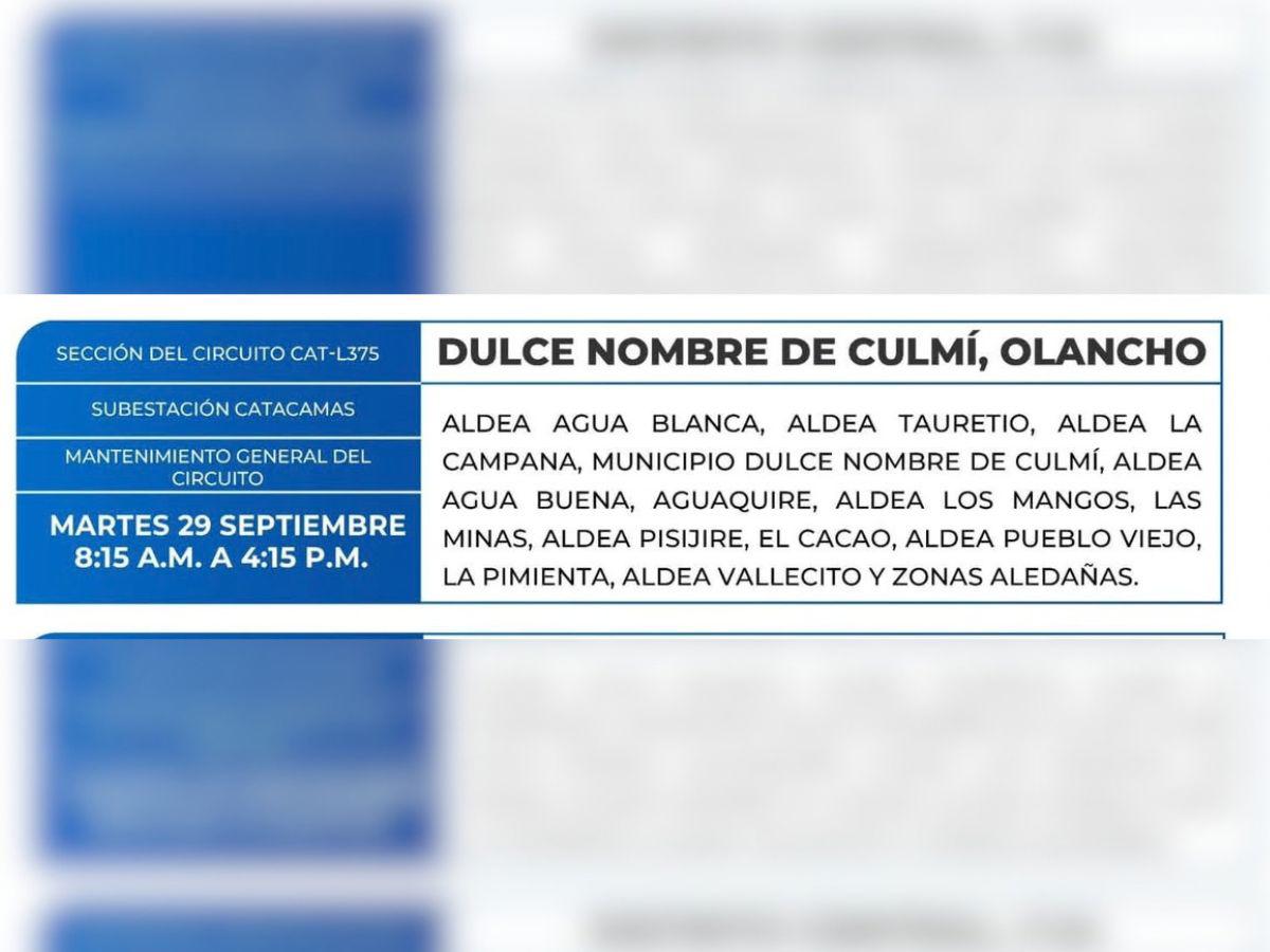 Lugares de Honduras sin energía este martes 29 de septiembre