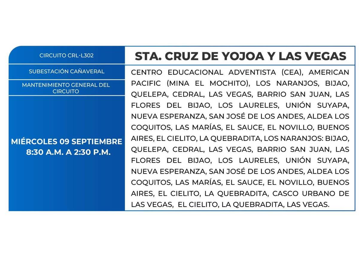 Cortes de energía de este miércoles 9 de septiembre en varias zonas de Honduras