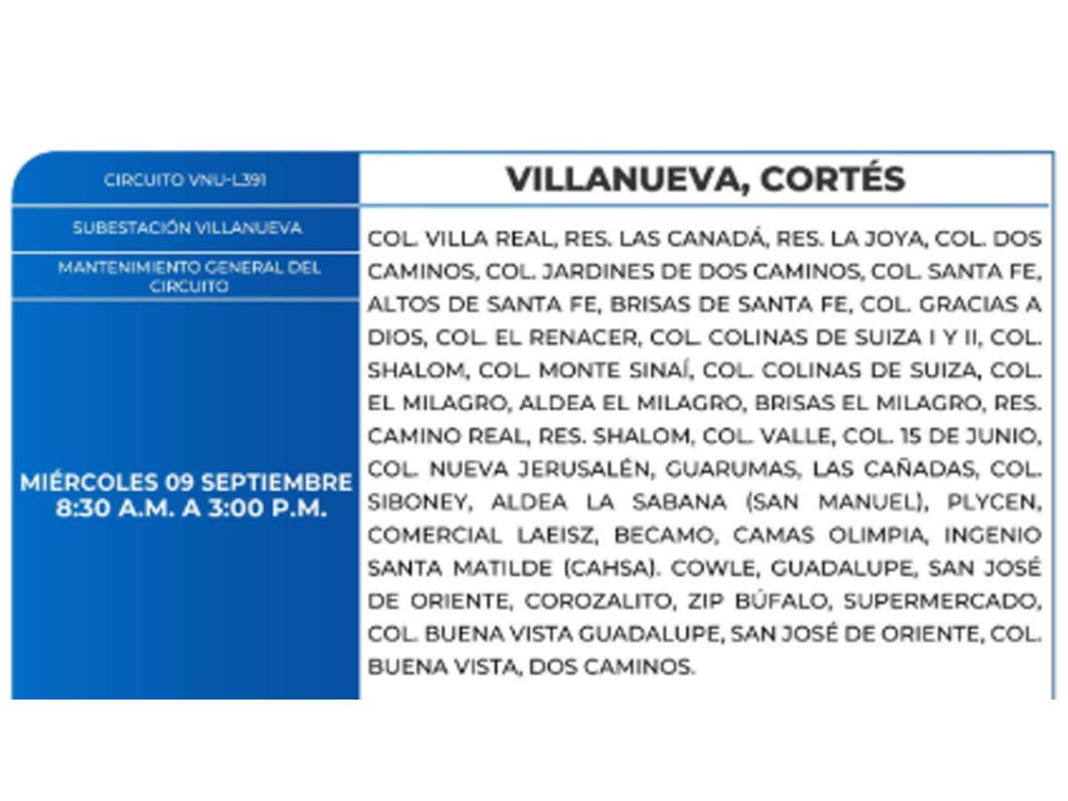 Cortes de energía de este miércoles 9 de septiembre en varias zonas de Honduras