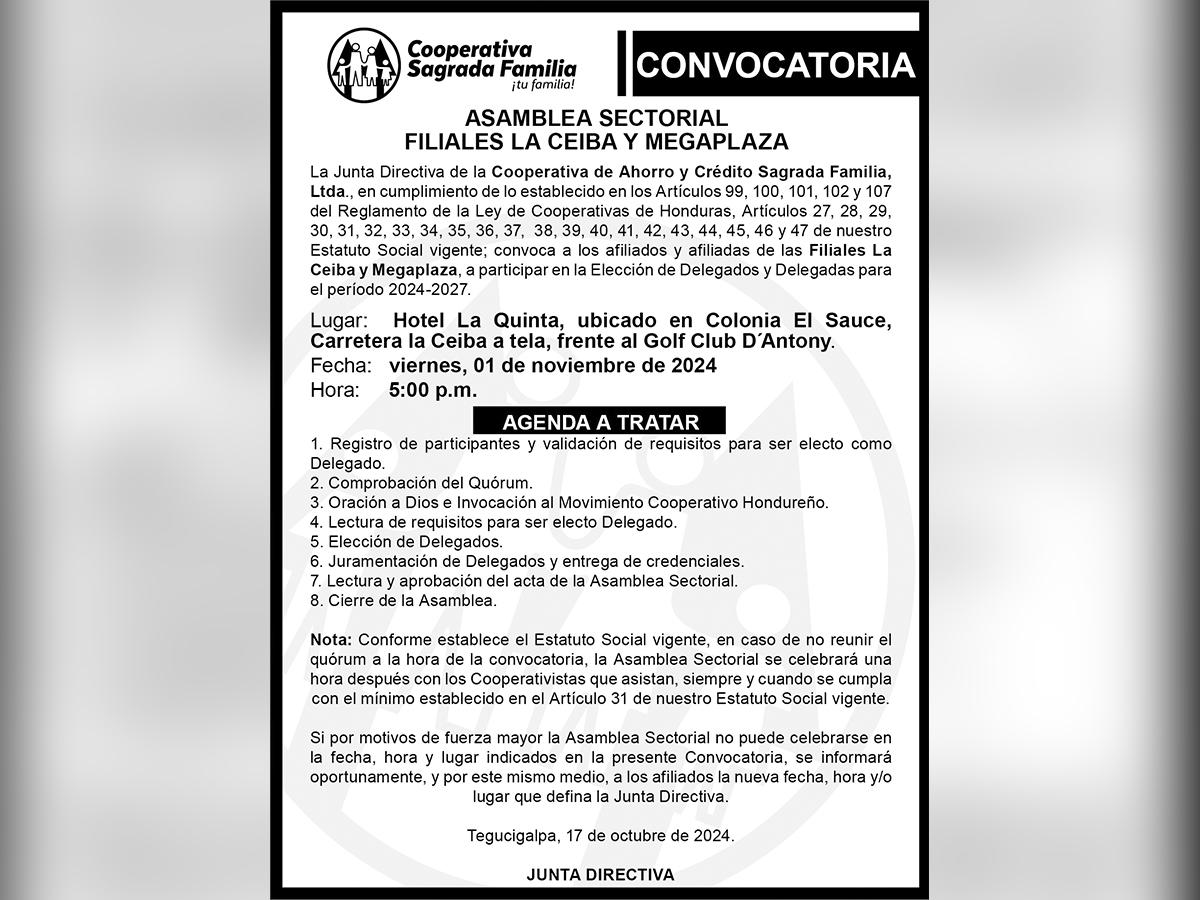 Cooperativa Sagrada Familia convoca a sus afiliados a la asamblea sectorial de las Filiales La Ceiba y Megaplaza