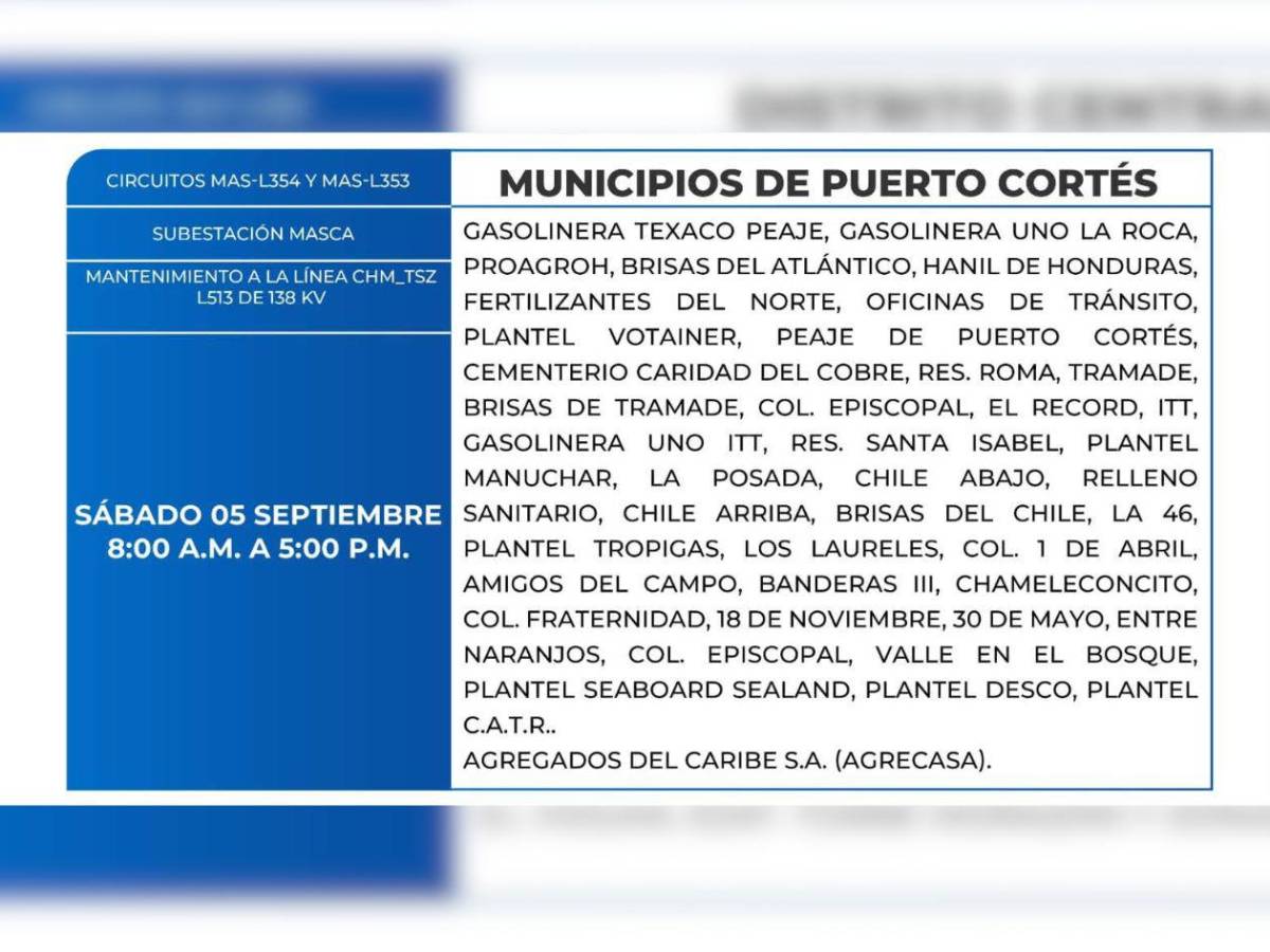 Zonas de Honduras que no tendrán energía eléctrica este sábado 5 de septiembre