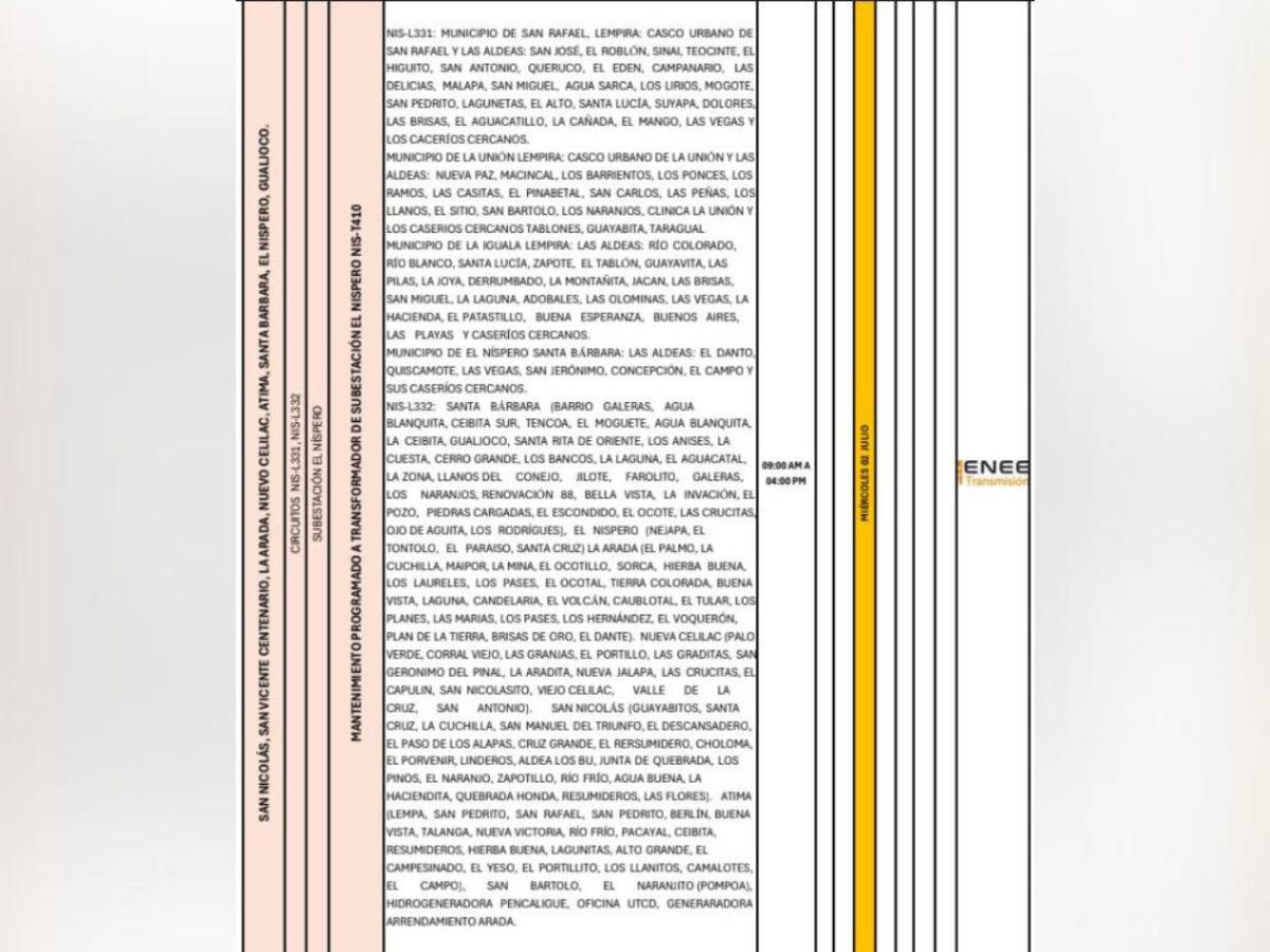 Sin luz por más de seis horas este miércoles 2 de julio en Honduras