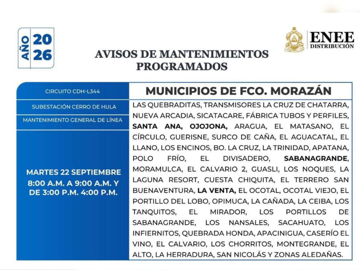 Estos lugares de Honduras no tendrán energía este martes 22 de septiembre