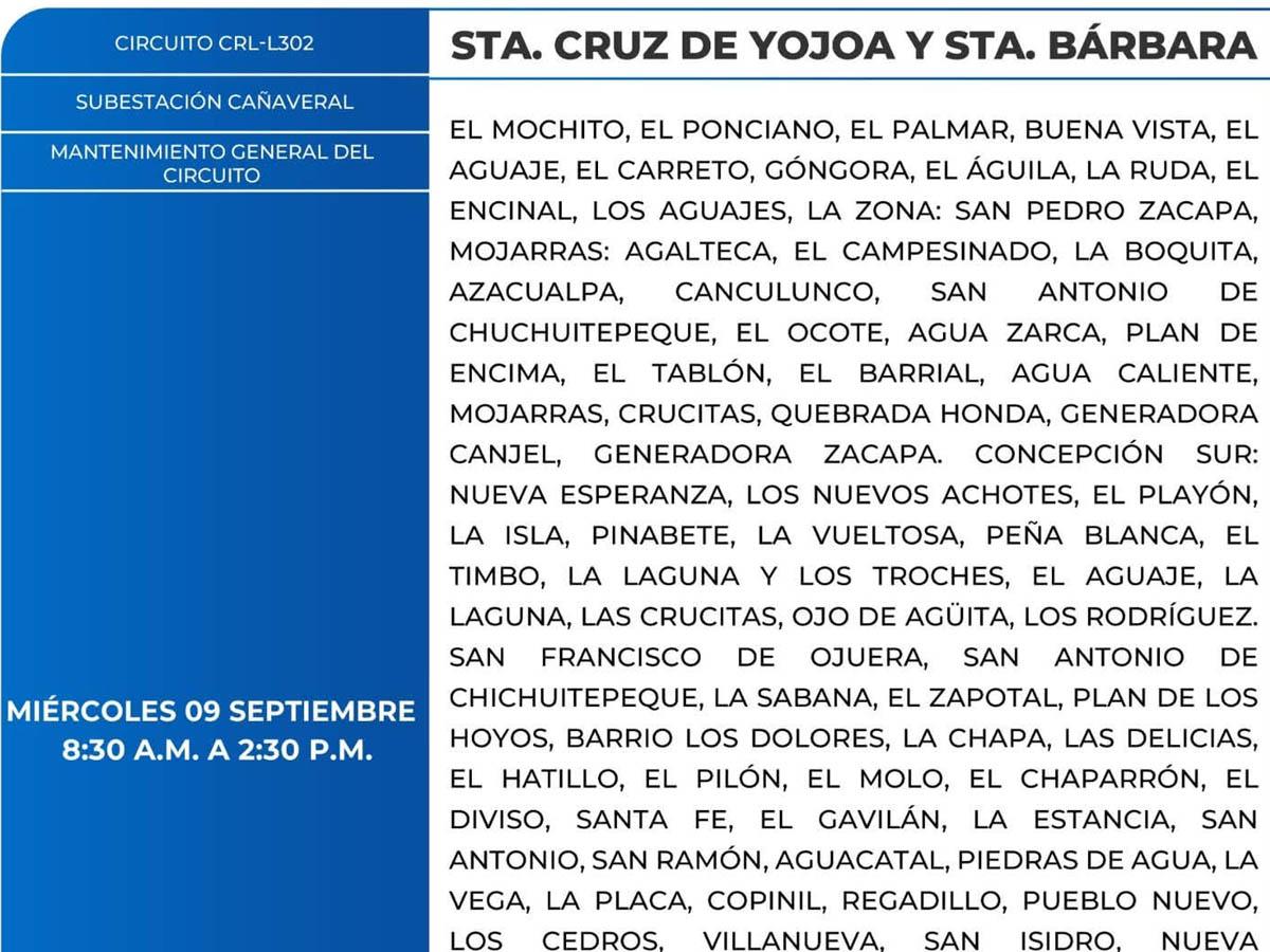 Cortes de energía de este miércoles 9 de septiembre en varias zonas de Honduras