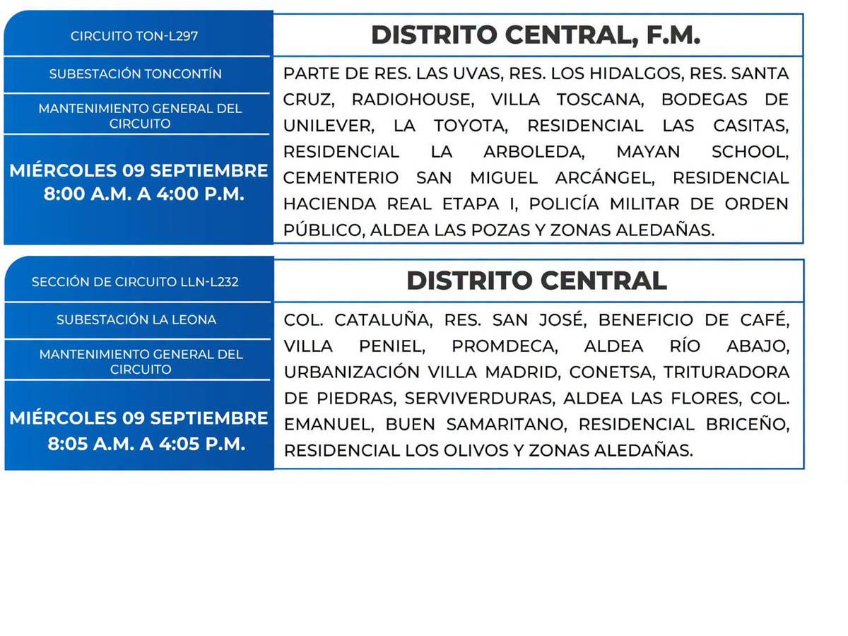 Cortes de energía de este miércoles 9 de septiembre en varias zonas de Honduras