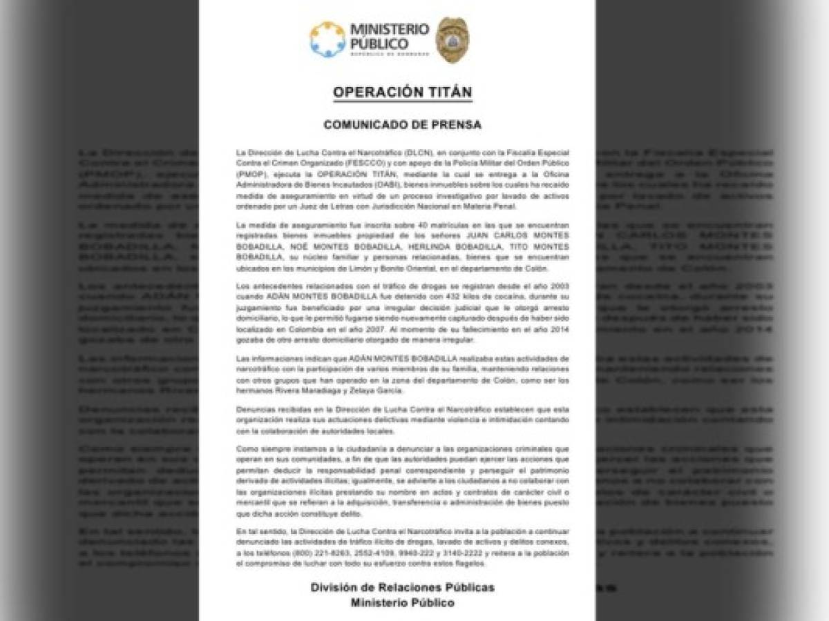 En Operación Titán incautan bienes a familia Montes Bobadilla