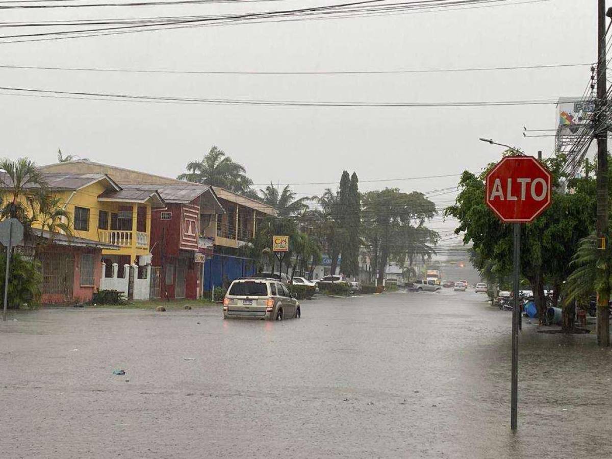 Los turistas en los cayos En La Ceiba, las fuertes lluvias que cayeron ayer dejaron calles anegadas y árboles caídos .