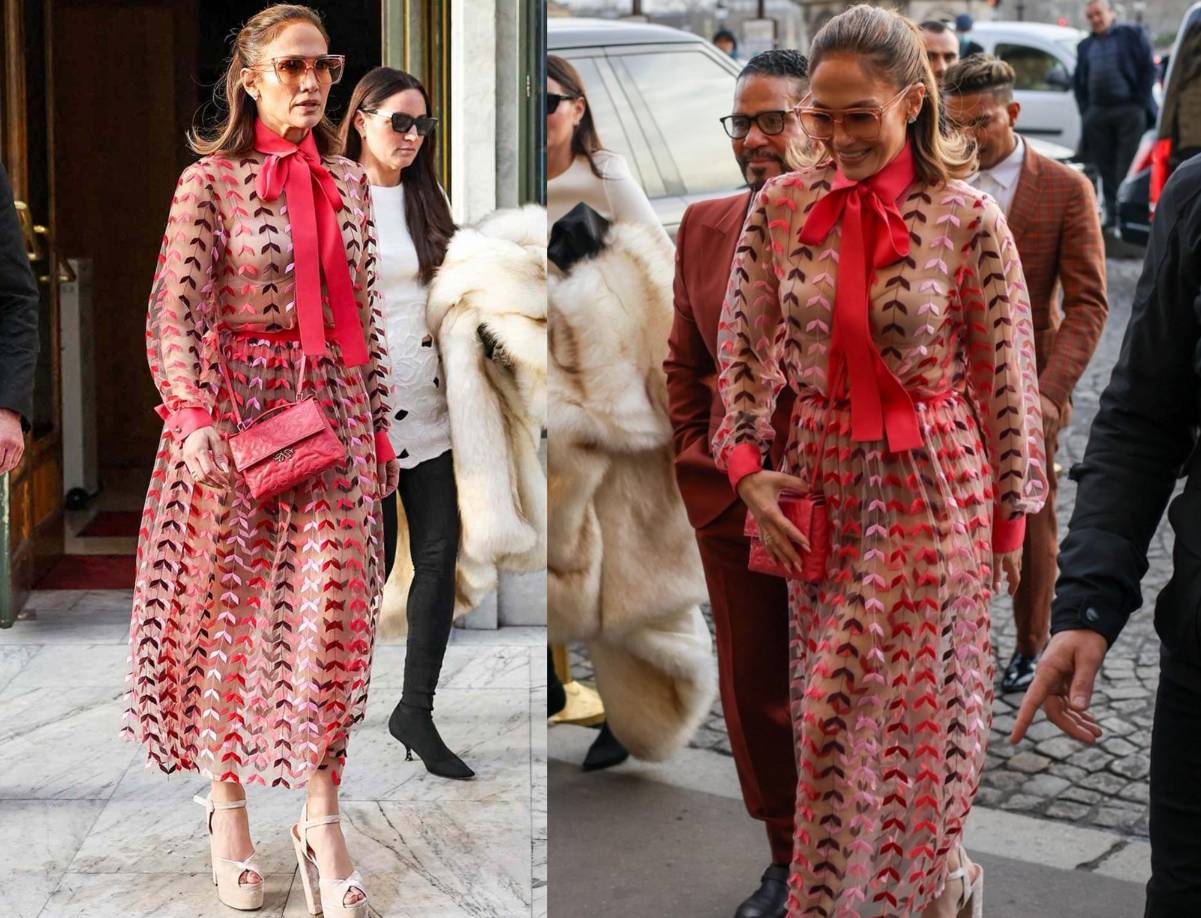 Antes del desfile de Valentino, el 24 de enero, la cantante y actriz también fue captada cuando salía del restaurante parisino Gigi con un vestido rosa transparente con algunos detalles, un bolso a juego y unos tacones de plataforma color nude altísimos. En la parte superior del vestido también destacaba un moño color rosa. 