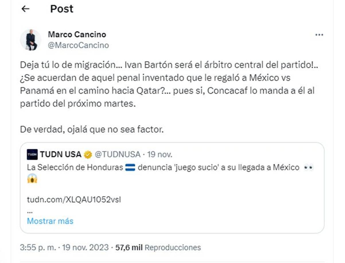 En la previa del México vs Honduras, el periodista mexicano Marco Cancino advirtió sobre el trabajo de Iván Barton ya que recordó el día que le sancionó un polémico penal a favor a la selección azteca ante Panamá. 
