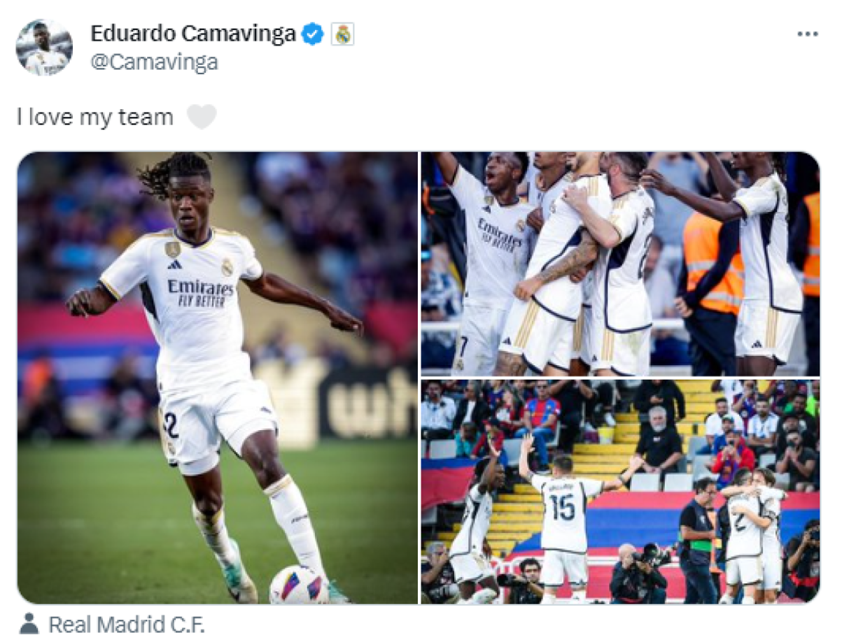 Eduardo Camavinga publicó en sus redes sociales: “Amo a este equipo”. El francés ingresó en el segundo tiempo y fue uno de los que le cambió la cara en el partido al Real Madrid.