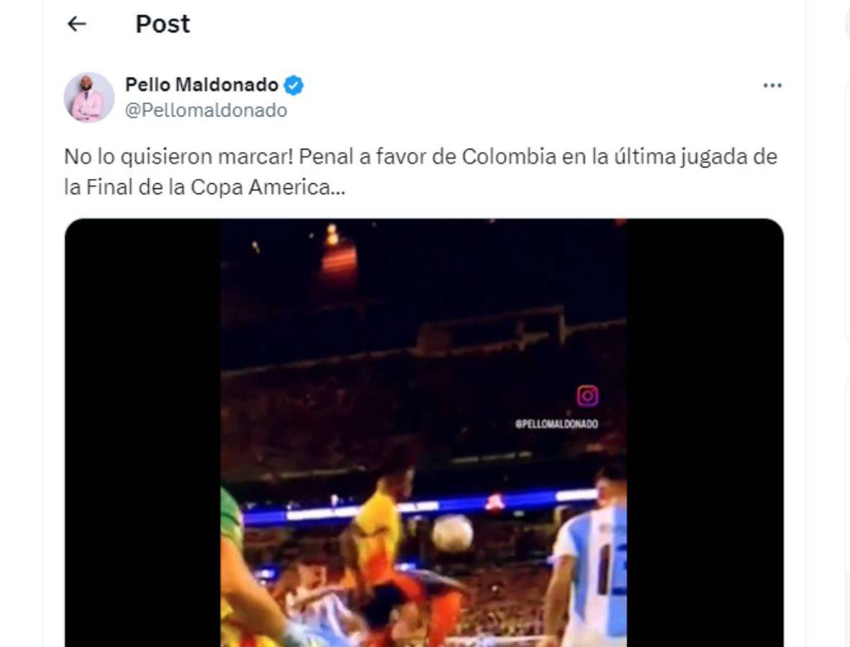”No le quisieron marcar penal a favor de Colombia en la última jugada de la final de Copa América”, señalan en redes sociales. 