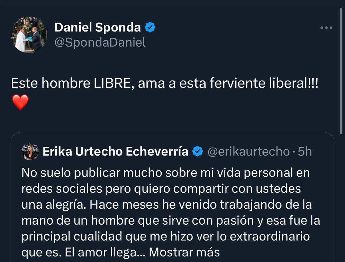 Tras la publicación de la diputada, Sponda no tardó en responder y le escribió: “Este hombre Libre, ama a esta ferviente liberal”.