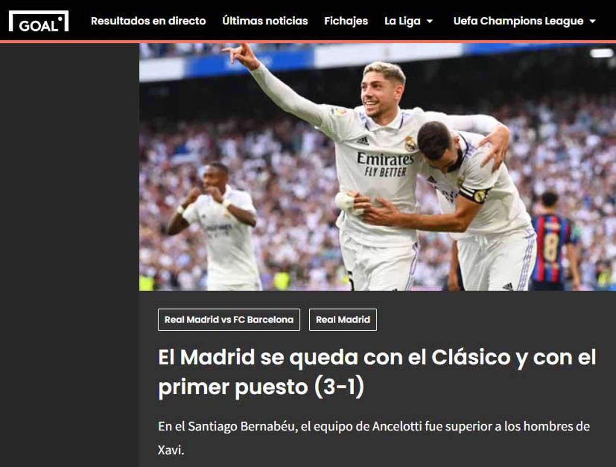 Goal España: “El Madrid se queda con el clásico y con el primer puesto.”