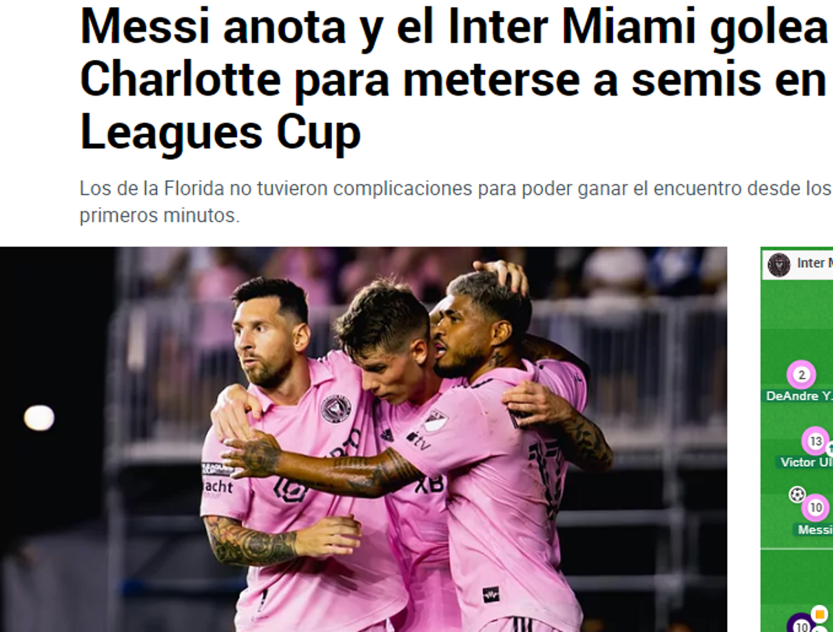 Diario Marca de España: “Messi anota y el Inter Miami golea a Charlotte para meterse a semis en Leagues Cup”