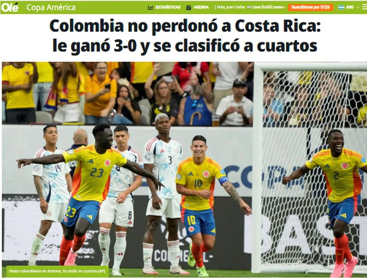 Diario Olé de Argentina - “Colombia no perdonó a Costa Rica: le ganó 3-0 y se clasificó a cuartos” de la Copa América 2024.