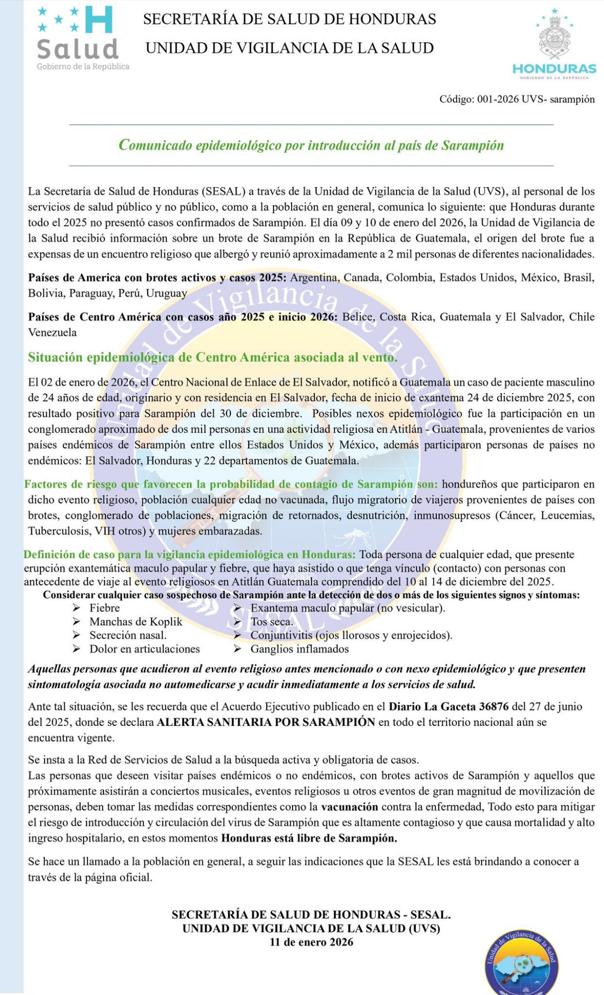 Honduras mantiene alerta sanitaria por riesgo regional de sarampión