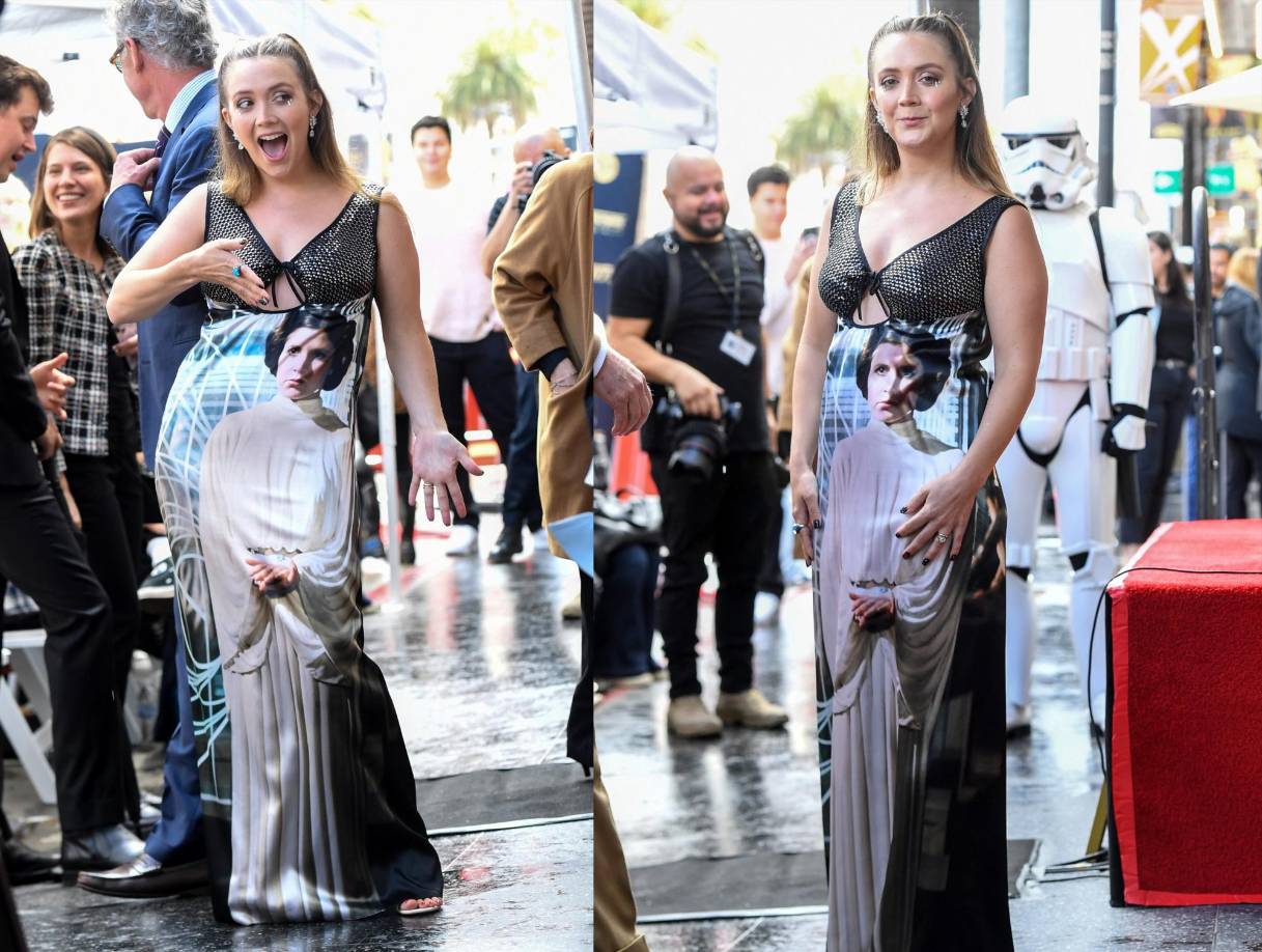 Billie Catherine Lourd lució un vestido que llevaba plasmda la imagen de su madre, Carrie Fisher. 