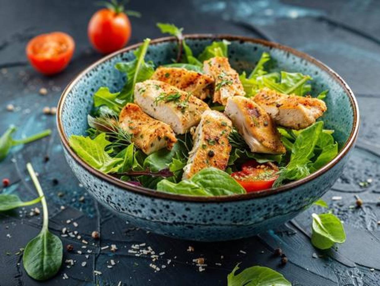 Ensalada de pollo: Mezcla el pollo desmenuzado con lechuga, espinacas, tomates cherry, aguacate y aderezo de tu elección. Esta ensalada es una opción ligera y saludable para el recalentado.