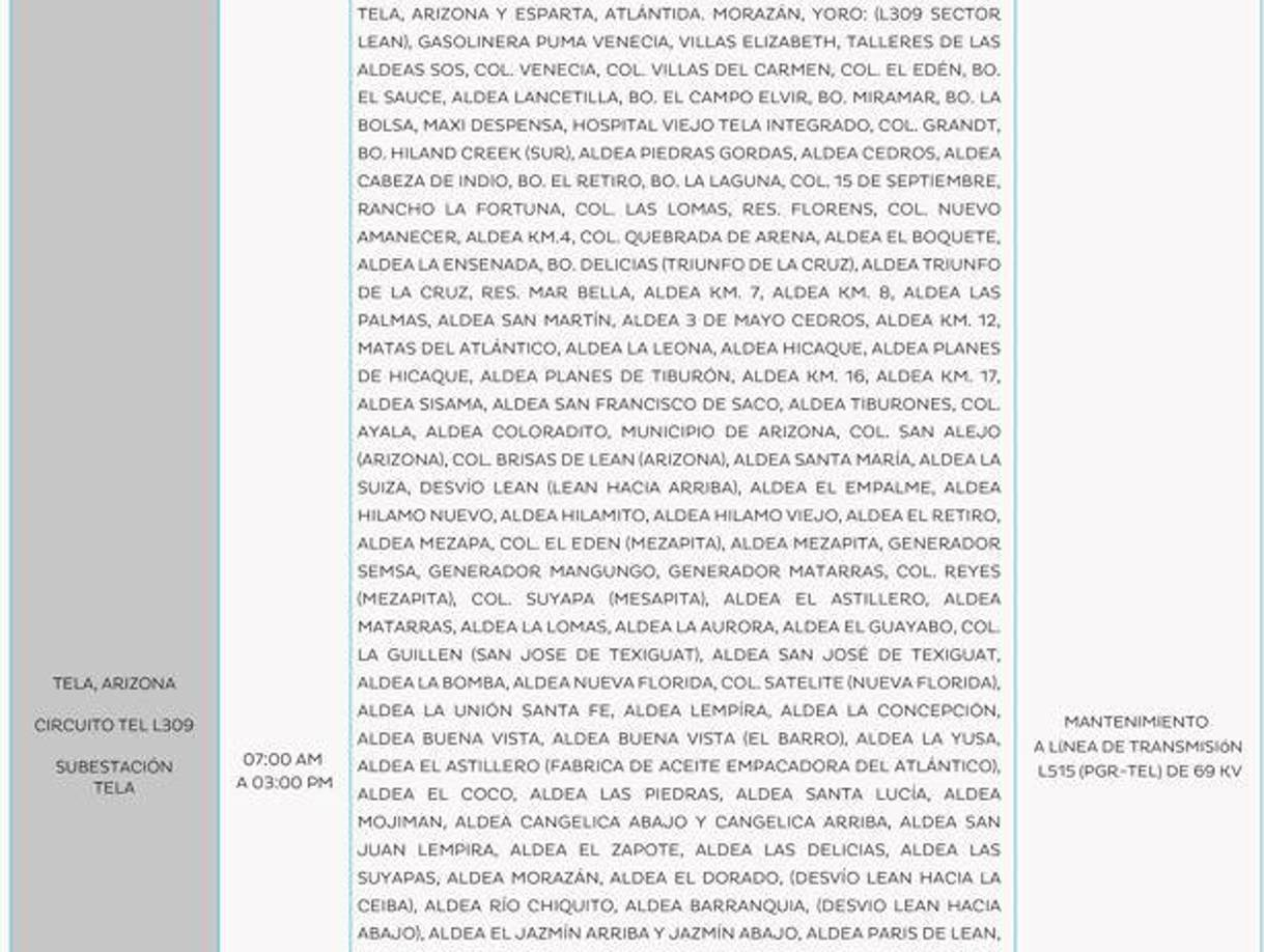Zonas de Tela y Arizona sin luz este domingo. 