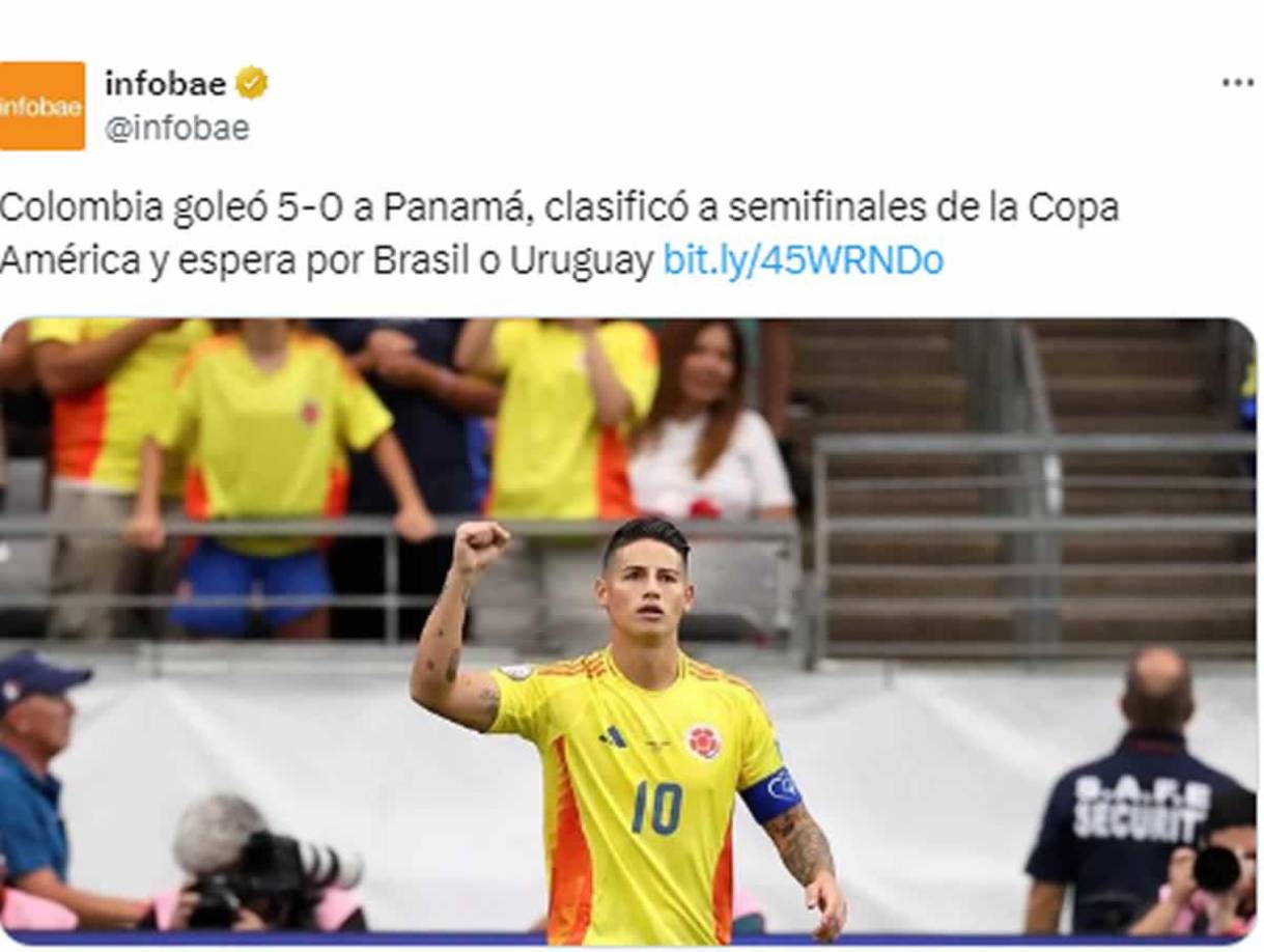 Infobae - “Colombia goleó 5-0 a Panamá, clasificó a semifinales de la Copa América y espera por Brasil o Uruguay”.