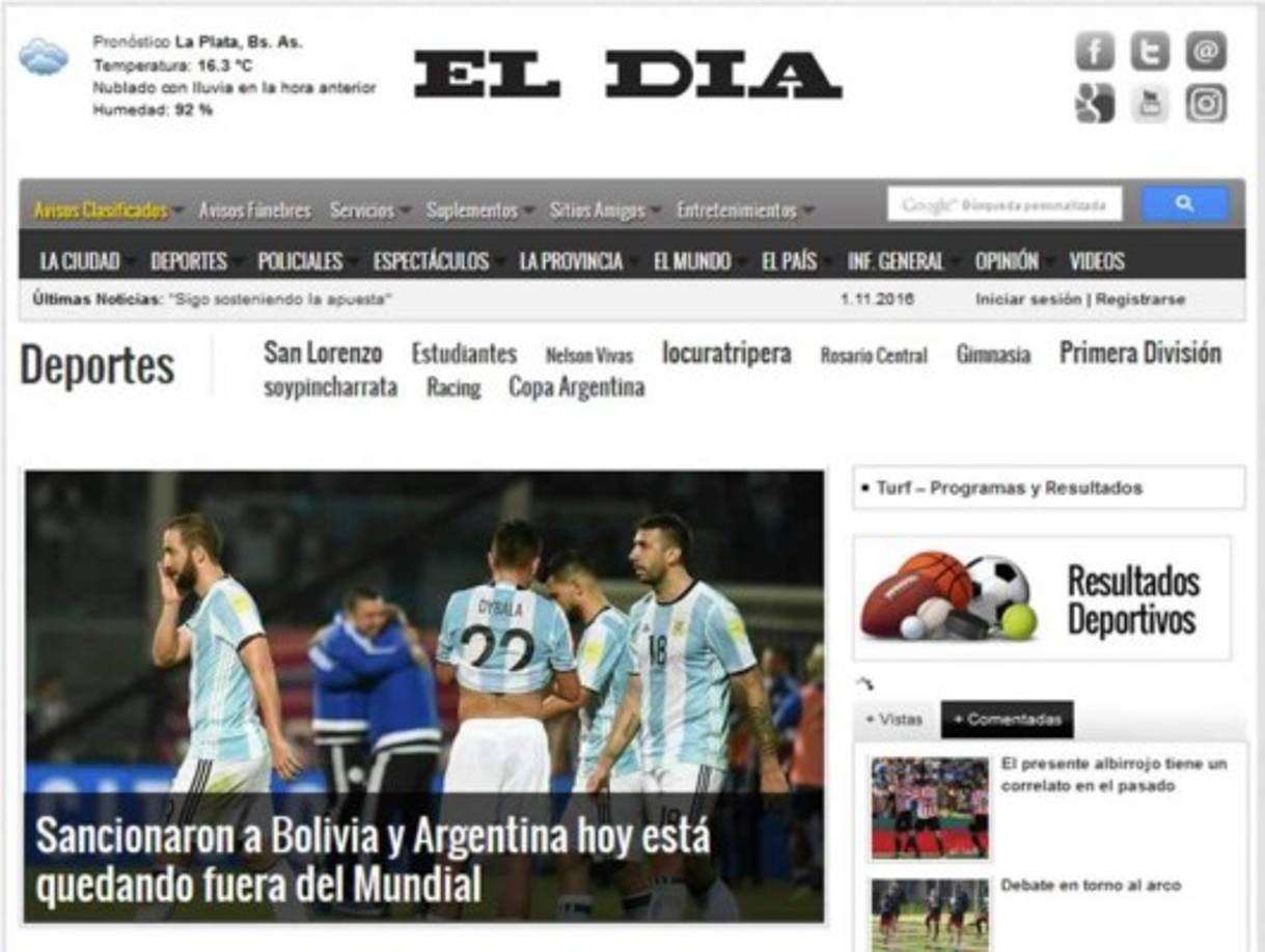 Diario El Día: 'Sancionaron a Bolivia y Argentina hoy está quedando fuera del Mundial. El seleccionado de fútbol quedó relegado al sexto puesto de las Eliminatorias debido a que FIFA le dio dos partidos por perdido al conjunto boliviano ante Chile y Perú por haber mal incluido a un futbolista'.