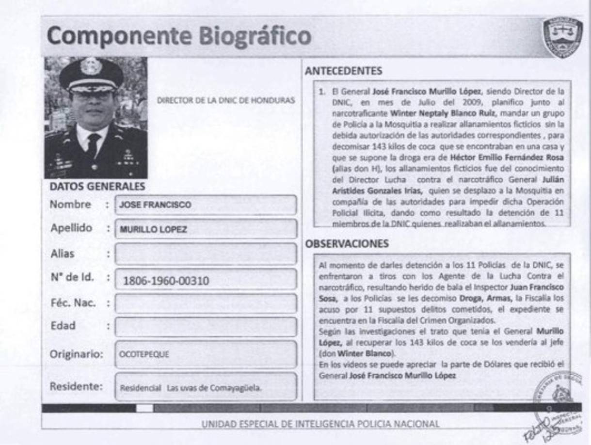 Ficha del general José Francisco Murillo López vinculado al caso del asesinato de Arístides González, según publicación de The New York Times atribuida a un informe de la Inspectoría General de la Policía de Honduras.