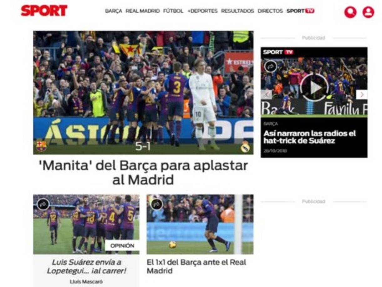 Diario Sport: ''Manita' del Barça para aplastar al Madrid'.