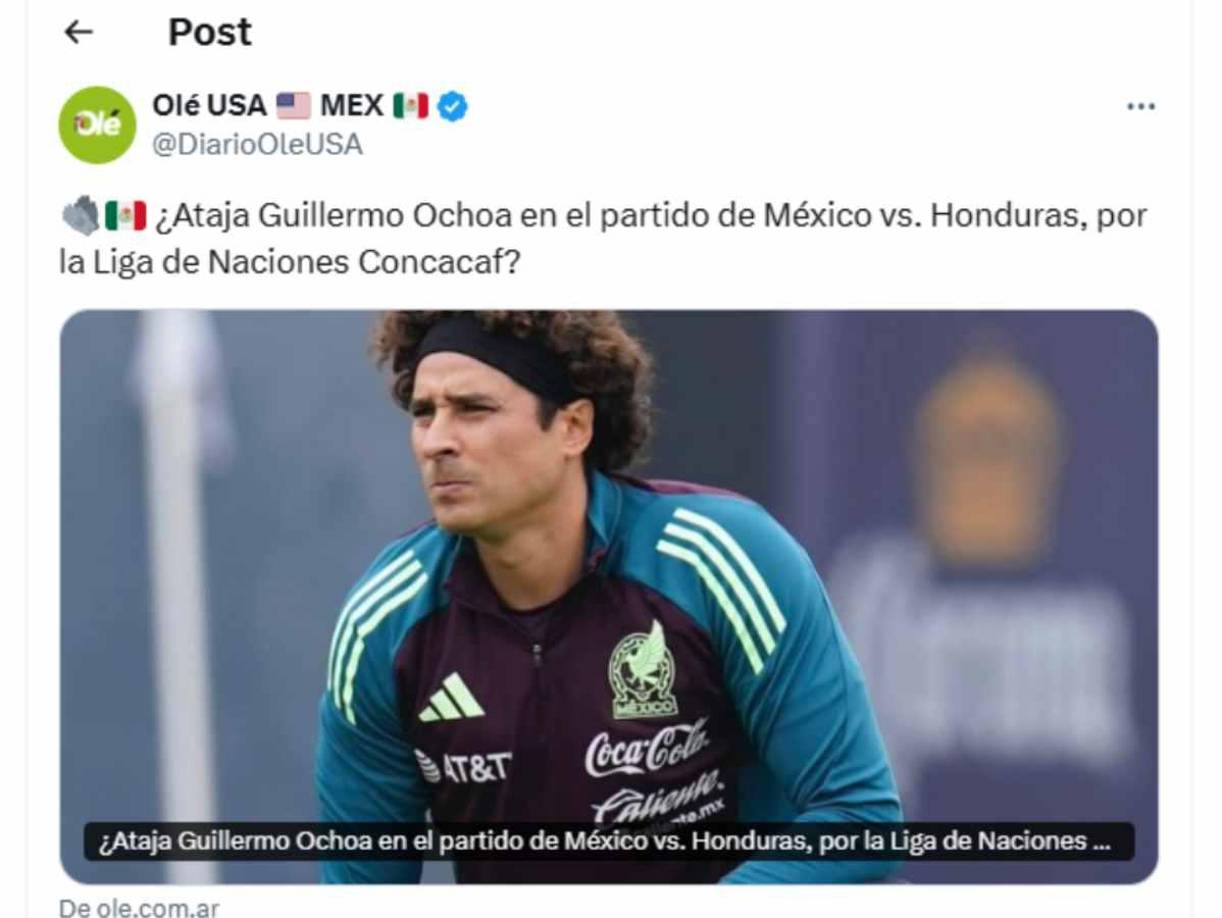 Guillermo Ochoa podría ser la enorme sorpresa de México para el duelo ante Honduras. 