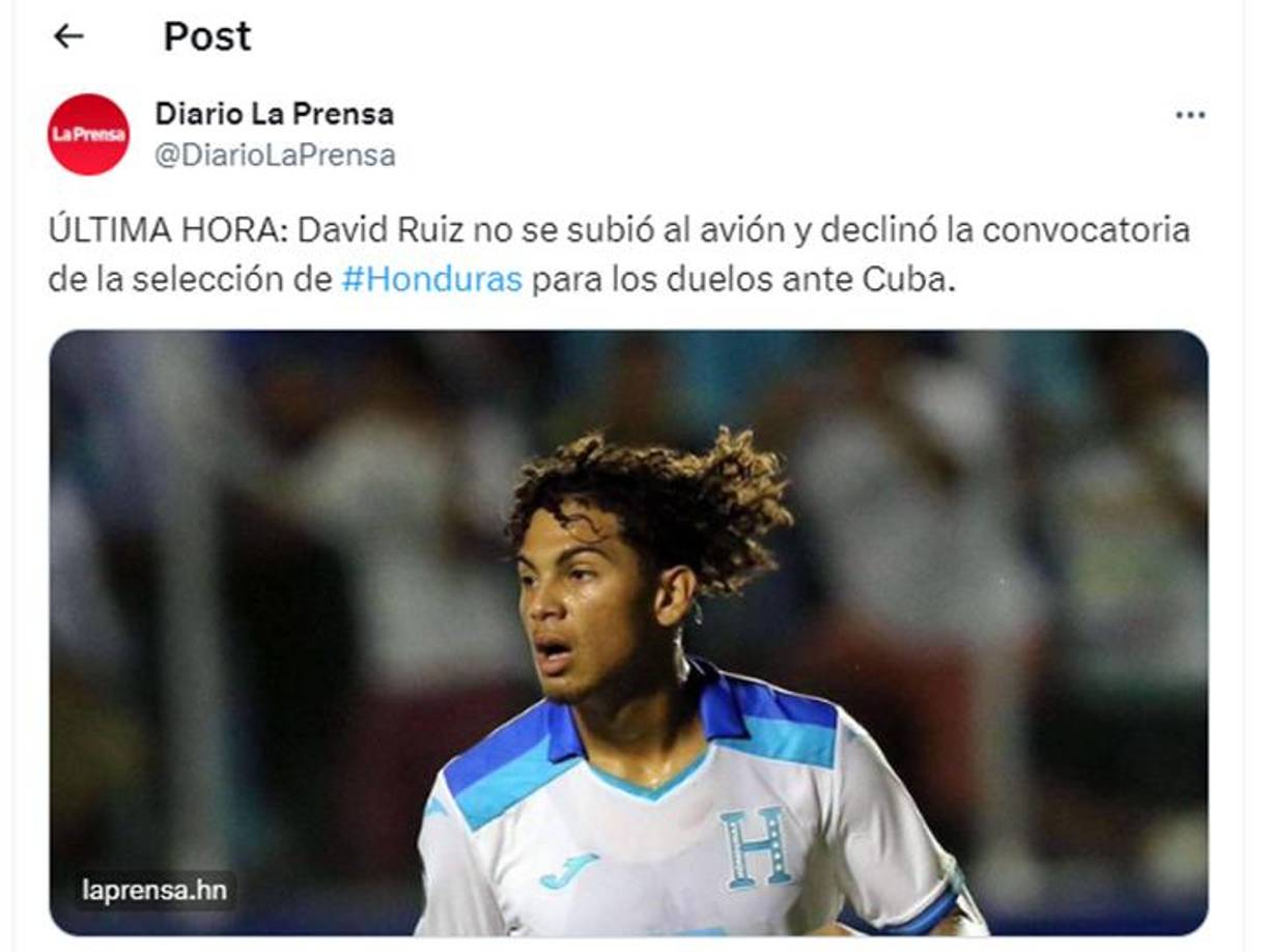En Diario LA PRENSA compartimos la información al instante: “David Ruiz no se subió al avión y declinó la convocatoria de la selección de Honduras para los duelos ante Cuba.”