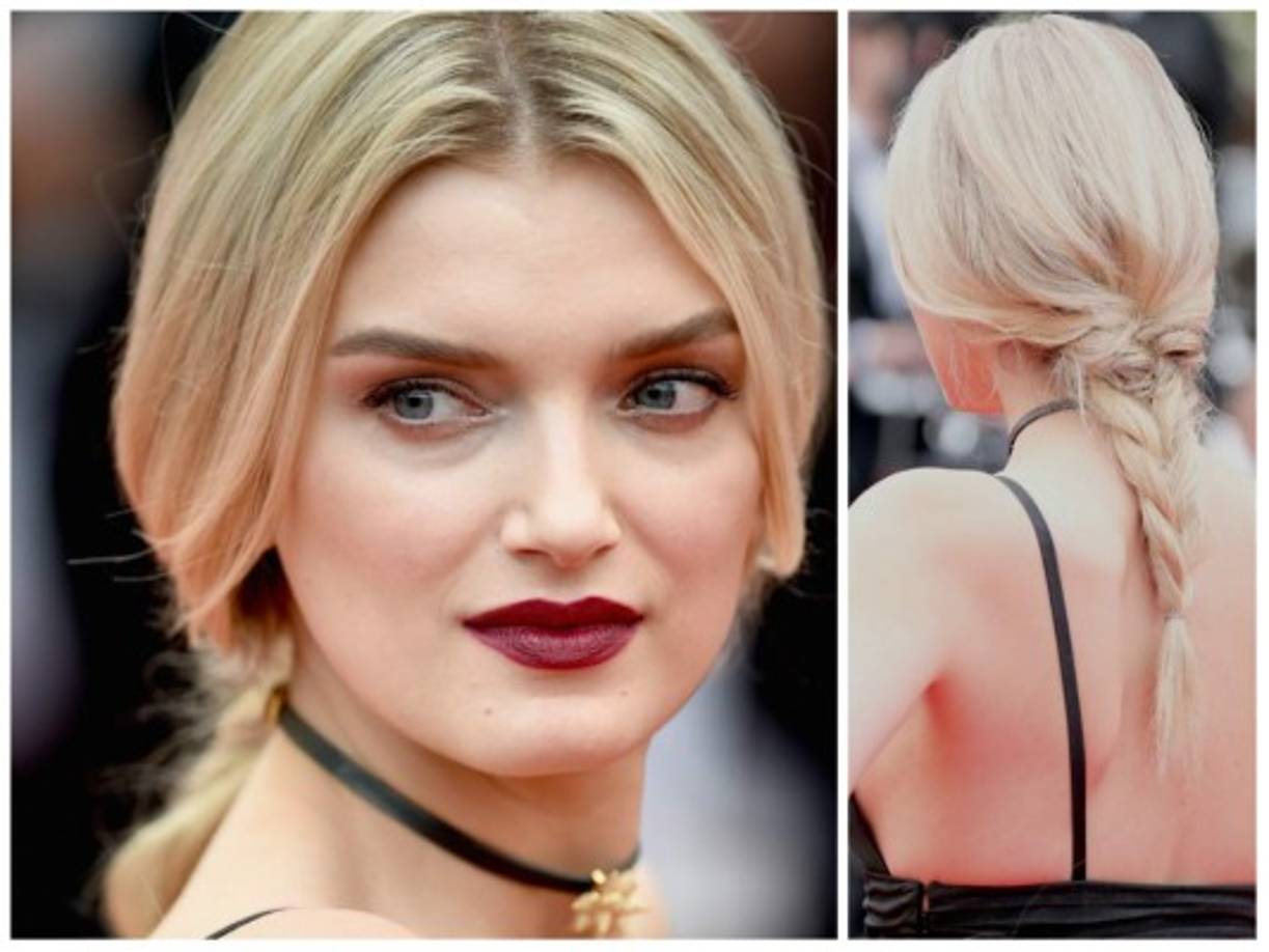 La actriz inglesa Lily Donalson conquistó con su trenza y su maquillaje, con sombras en tonos melocotón y labial burdeos.