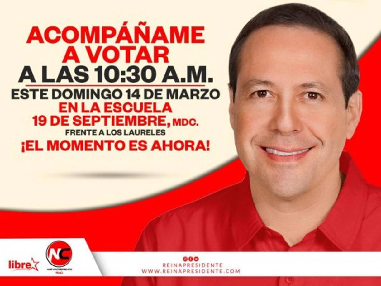 Carlos Eduardo Reina, precandidato presidencial por Libre, ejercerá el sugragio en la escuela 15 de Septiembre, de Tegucigalpa. Pide a sus simpatizantes acompañarlo.